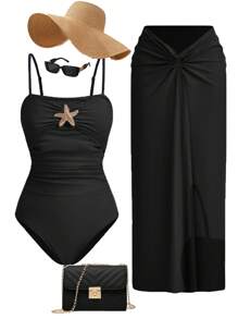 Swim Oasis Women's 1-Piece Swimsuit With Ruffle Starfish Decor, Paired With Swim Cover Up Skirt, For Holiday For Summer Beach Vacation