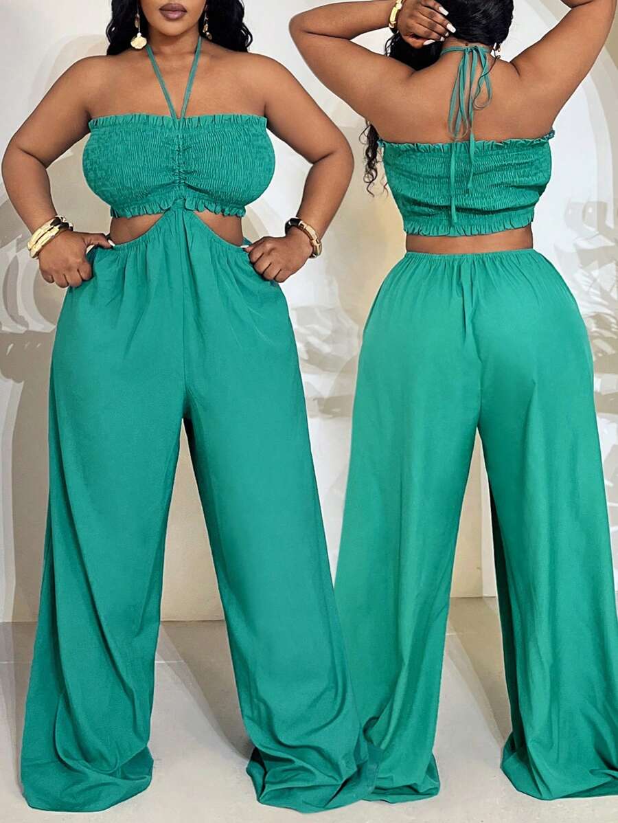 Slaydiva Plus Size Women's Vacation Solid Color Drawstring Waist Cutout Wide Leg Halter Jumpsuit - Green - View 1