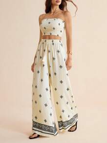 SHEIN Tall Bộ 2 món/Bộ áo ống in hoa và quần lửng cho nữ, trang phục nghỉ dưỡng mùa hè - Màu be - Xem 7