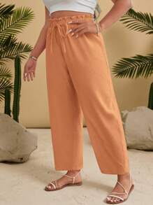 SHEIN VCAY Plus Size Summer Solid Color Textured Waist Tie Pants