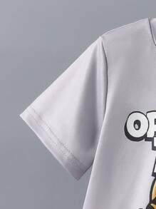 2pcs Young Boy Homewear Set, Round Neck Cat Print Top And Allover Print Shorts Back To School Fashion - Grey - View 5