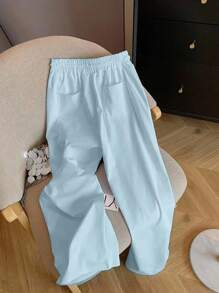SHEIN 新款休闲马刺绣宽松纯色直筒裤女秋季女装 - 藍色 - 查看 2
