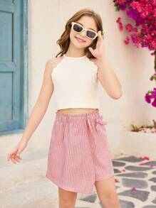Girls Classic Red & White Striped Bow Decor Asymmetrical Hem Skirt Shorts, Simple Vacation Style, Suitable For Summer Daily Outings