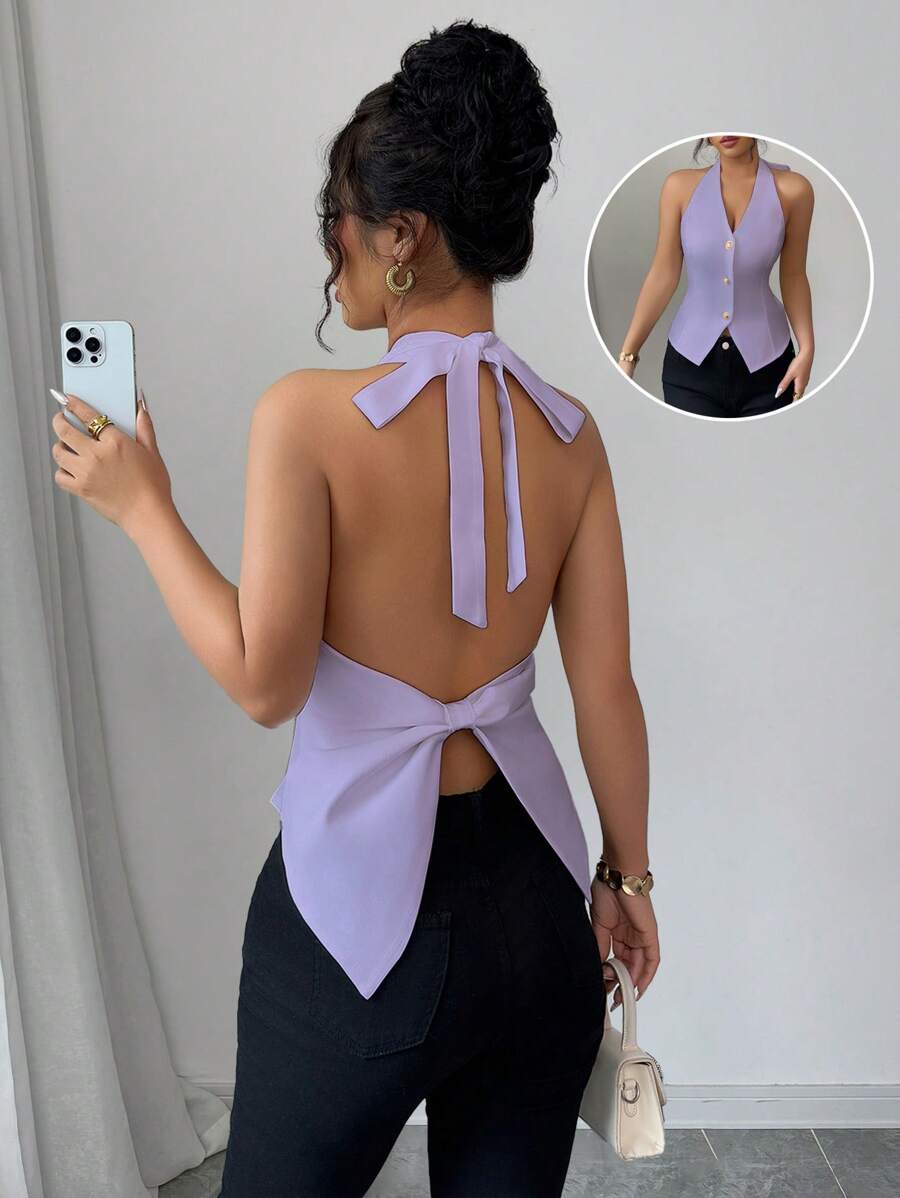 Elenzga 女士纯色露背系带蝴蝶结优雅衬衫