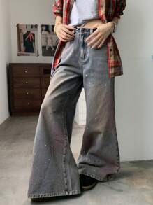DAZY Oversized Loose Fit Asymmetrical Dip-Dye Gradient Sequin Decor Washed Denim Wide Leg Jeans, Colorful - Light Wash - View 5