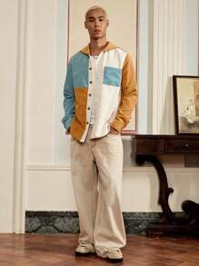 SWAVVY Camicia con cappuccio in velluto a coste ampio taglio, con inserti a blocchi di colore e tasche, per uomo (senza maglietta sottostante)