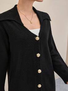 EURMUSE Áo len cardigan dệt kim cổ polo cài nút phía trước dáng rộng thanh lịch ấm áp cho nữ - màu đen - Xem 3