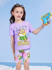 SEALOOK X SHEIN 年轻女孩夏季可爱海豹、花卉、抽象印花薰衣草短袖T恤和紧身短裤2件套 - 紫色 - 查看 4