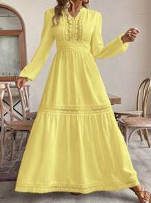 SHEIN VCAY 大码纯色缺口领口荷叶边下摆长袖连衣裙 - 黃色 - 查看 5