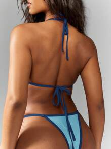 MISSGUIDED Triangle Bikini Set Halter Neck Swimwear Adjustable Tie Side High Cut Brazilian Design Beach Pool Summer Bathing Suit Swimsuit Resort Vacation - Blue - View 5