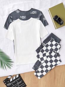 4 件套男童时尚汽车印花贴身短袖上衣和裤子家居服套装 - 彩色 - 查看 6