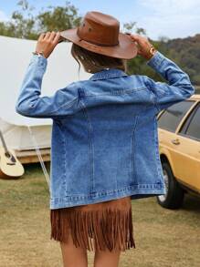 Breezaya 纯色休闲前扣长袖牛仔夹克，百搭 - 藍色 - 查看 2