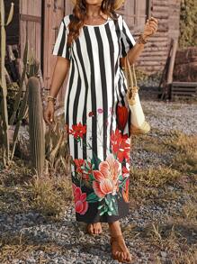 Breezaya Plus Size Round Neck Striped Floral Print Short Sleeve Dress