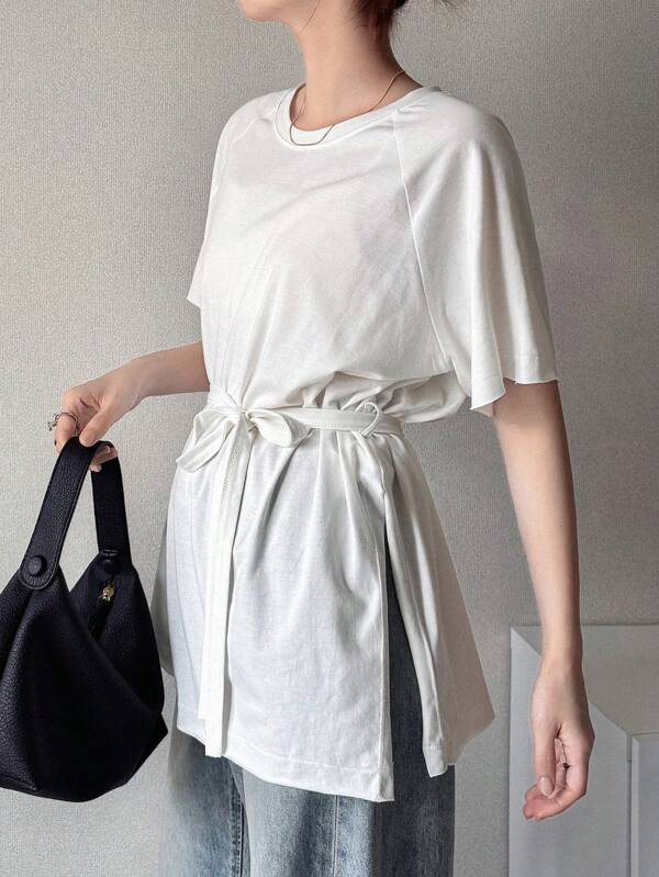 FRIFUL Women Loose Fit Crew Neck Short Sleeve T-Shirt With Side Slits, Casual Summer Wear