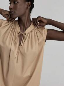 Ontre Váy dài ngang gối không tay tối giản màu trơn dành cho nữ năm 2025, mùa hè - Màu Khaki - Xem 2