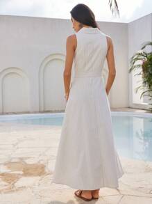 Dazy-Less Elegantes Tanktop-Kleid-Hemdstil mit Falten- und Taillendesign, gestreiftes und kariertes Muster, Business-Lässig, geeignet für Frühling & Sommer, Büromode - Weiss - Übersicht 5