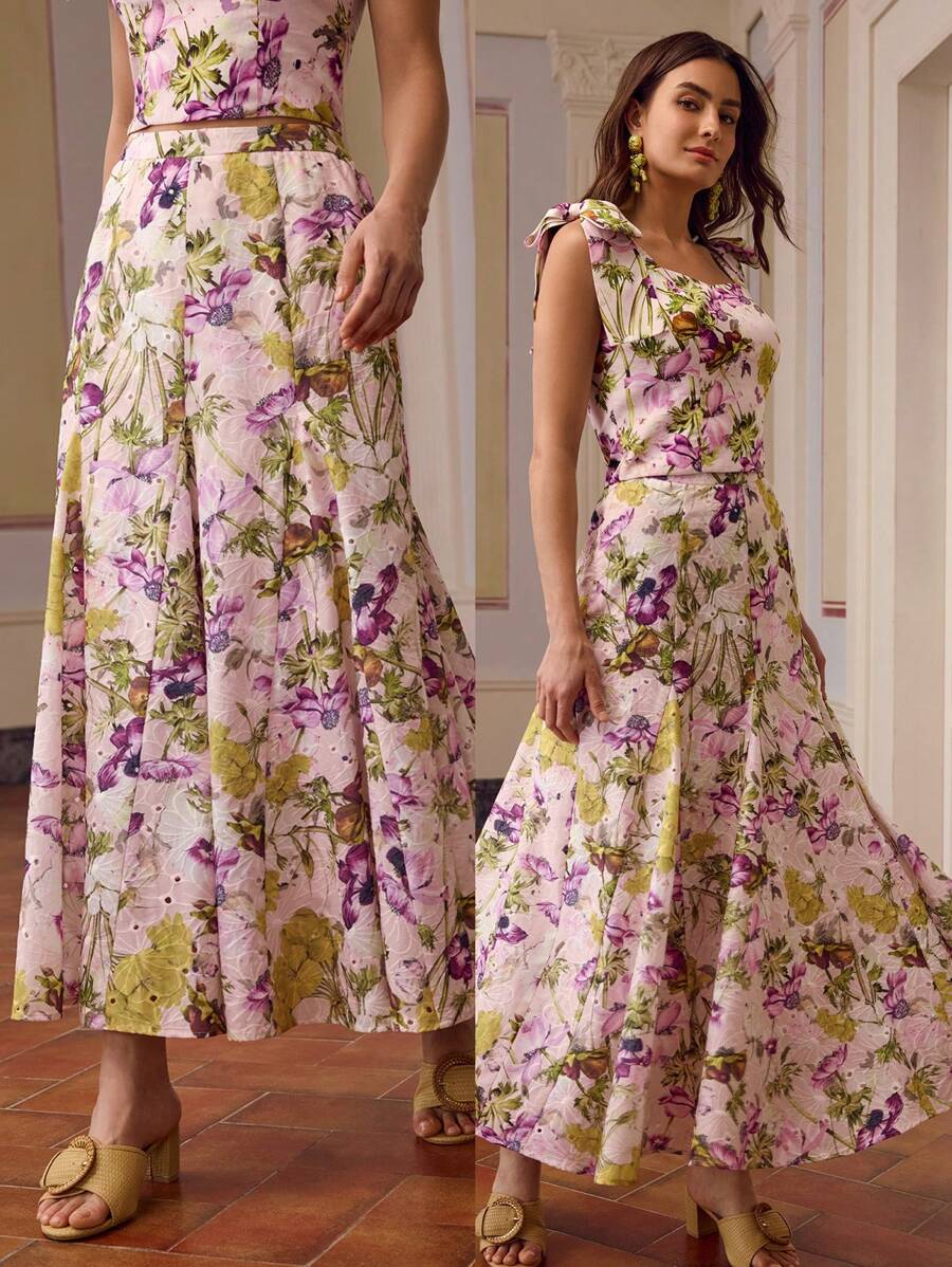 ZEYLAH Floral Print Embroidered Fishtail Skirt, For Spring/Summer Holiday - Multicolor - View 1