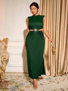 Cravure Plus Size Women's Hollow Out Metal Decor Cutout Back Bodycon Dress, Sexy Club Wear, Fashion Versatile Casual Commute, Prom Party - Dark Green - View 4