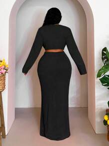 Veslaya Conjunto de suéter de manga larga de un solo color con nudo en la parte delantera y falda midi de punto para mujer talla grande