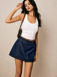 Poéselle 女士牛仔短裤阔腿裤休闲不对称腰身时尚牛仔短裤，适合夏季穿着，蓝色牛仔短裤，夏季乡村街头风 Y2K 风格，返校季必备 - 深色水洗藍 - 查看 2