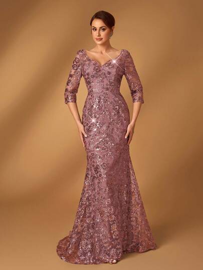 Serin 优雅奢华串珠网眼蕾丝刺绣 V 领中袖鱼尾连衣裙，适合正式派对、约会、度假、婚礼、新娘母亲仪式