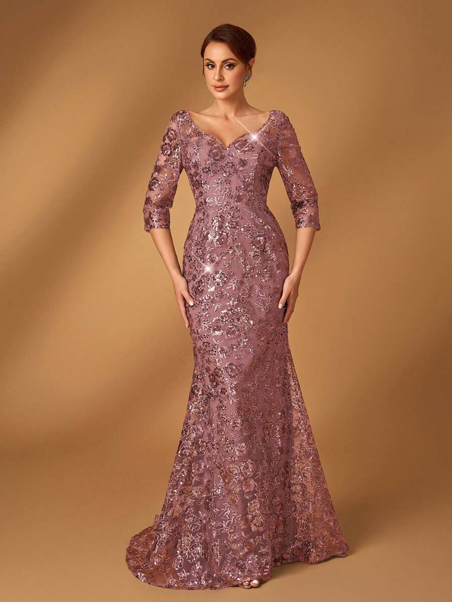 Serin 优雅奢华串珠网眼蕾丝刺绣 V 领中袖鱼尾连衣裙，适合正式派对、约会、度假、婚礼、新娘母亲仪式