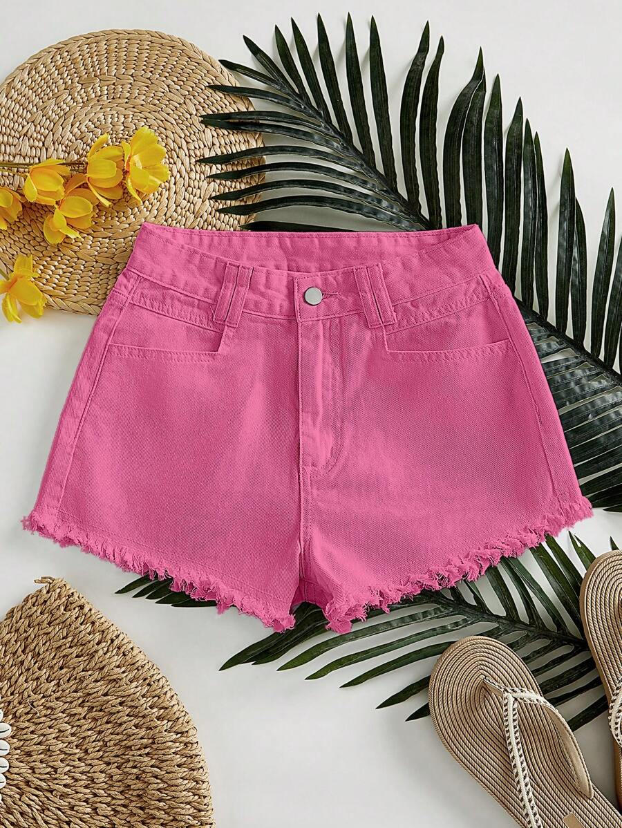SHEIN Essnce Celana Pendek Denim Wanita Warna Pink Polos, Modis untuk Musim Panas - Hot Pink - View 1
