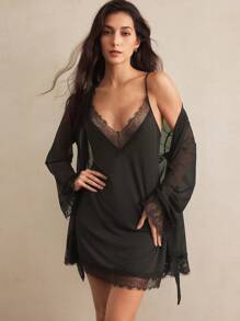 Charlaine Women's Sexy Lingerie Set, Includes Camisole, Dress & Mesh Cardigan - Black - View 1