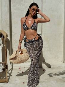 Swim SXY Sexy Leopard Print Lace Trim Bikini Set For Women, 3-Piece Swimsuit For Summer Beach Vacation