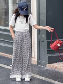 DAZY Tween Girl 2 Pieces Set 2 In 1 T-Shirt And Plaid Straight Pants