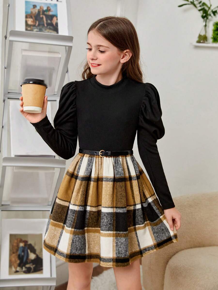 SHEIN 女大童格紋印花羊腿袖洋裝不附腰帶