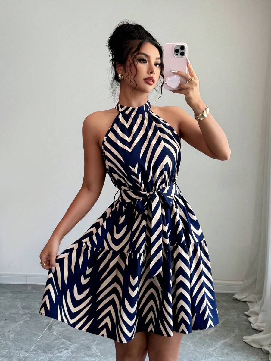 Selianne 女式海军蓝和杏色条纹设计无袖系带领口收腰休闲度假迷你连衣裙 - 藏蓝色 - 查看 1