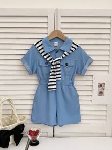 年轻女孩蓝色高腰时尚可爱领短袖连体衣配黑白斗篷，春夏 - 藍色 - 查看 5