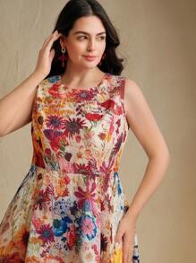 Anewsta Easter Ditsy Floral Round Neck Waist Defining A-Line Fashionable Elegant Vacation Mini Dress For Women, Spring/Summer - Multicolor - View 5