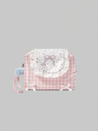 Kawaii Borsa porta trucchi rosa con motivo a quadri e fiocco, di ampia capacità e portatile