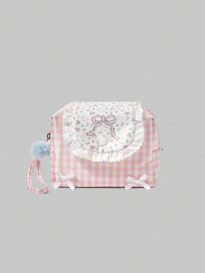 Kawaii Lovely Pink Plaid Bow Pattern Large Capacity Portable Makeup Storage Bag