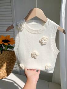 Comfortcana Maglietta aderente senza maniche decorata con fiori, in maglia