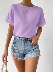 SHEIN Essnce Blusa negra de manga corta básica, cómoda y holgada, de estilo minimalista, para uso diario, trabajo y verano, para mujeres de talla grande - Lila Púrpura - Ver 1