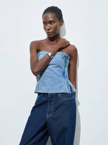 Maija 女士休闲水洗蓝色牛仔抹胸 - 淺色水洗藍 - 查看 4