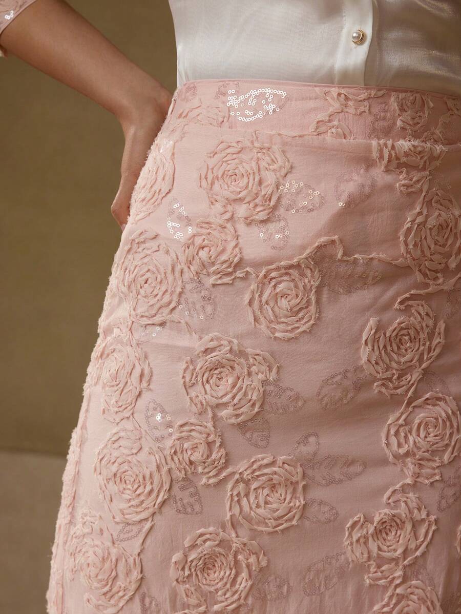 MOTF PREMIUM 提花花卉图案撞色亮片开衩直筒裙 - 粉色 - 查看 2