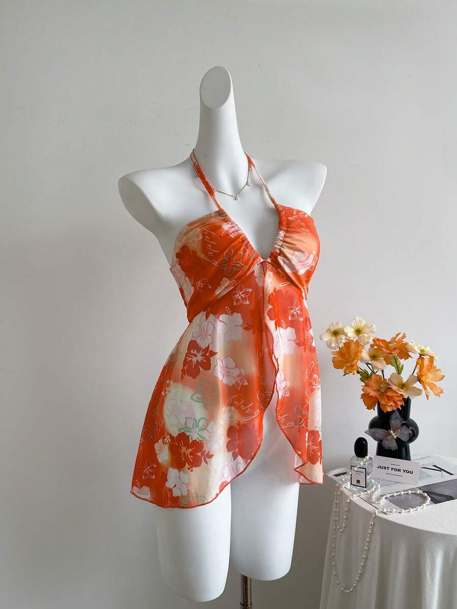 Sweetra Zufällig geschnittenes Blumenprint-Mesh-Top ohne Ärmel für Frauen