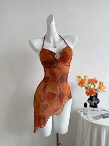 Sweetra Unique Design Asymmetrical Hem Print Tank Top For Women, Dystopian Style Summer Top - Multicolor - View 3