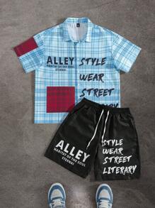 Manfinity EMRG Bộ áo sơ mi kẻ caro tay ngắn cài nút và quần short họa tiết chữ mùa hè cho nam, thường ngày - Nhiều màu - Xem 1