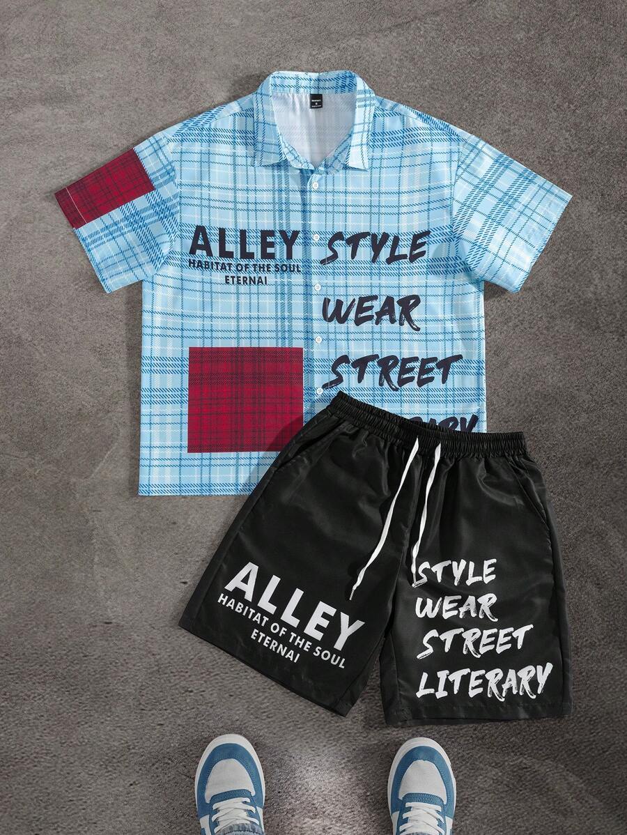 Manfinity EMRG Bộ áo sơ mi kẻ caro tay ngắn cài nút và quần short họa tiết chữ mùa hè cho nam, thường ngày - Nhiều màu - Xem 1