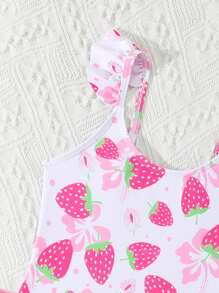 1件装女童碎花印花连体泳衣，带网纱裙摆，草莓图案，女童草莓泳衣，儿童草莓泳衣，草莓泳装，儿童连体泳衣带裙摆，儿童夏季假期 - 粉色 - 查看 5