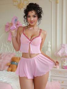 PetitDoll Set de 2 piezas Lencería de malla con bordado floral decorativo para mujer, estilo Kawaii