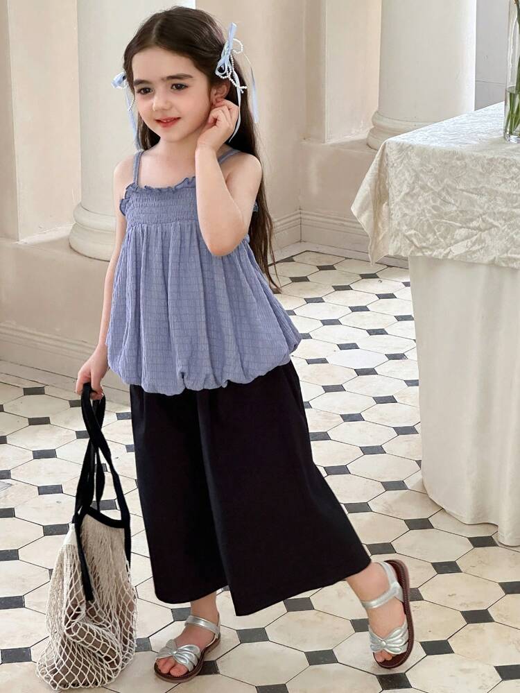 2pcs Young Girls Ruffle Strap Blouse And Wide Leg Pants Suit,Girls Summer Outfits