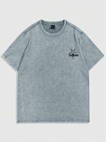 ROMWE MEN Grunge Punk Áo thun nam ngắn tay in khẩu hiệu thường ngày, mùa hè - Màu xanh nhạt - Xem 2