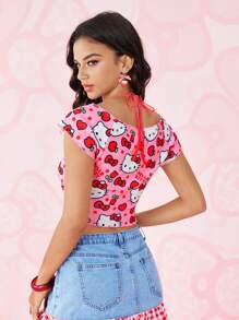HELLO KITTY AND FRIENDS | SHEIN Women's Cartoon Pattern Halter Neck Short Sleeve Top, Summer - Baby Pink - View 2