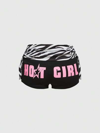 Y2K Style Low Waist Ultra-Short Zebra Print Letter Pattern Women Shorts